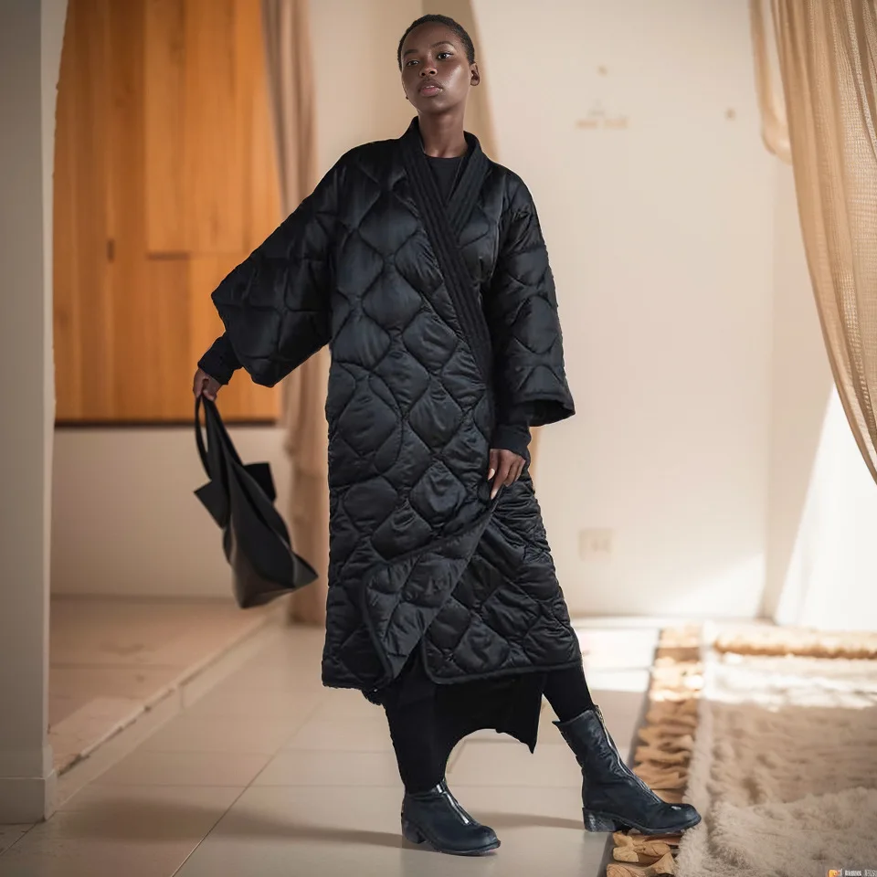 Lightweight design sense diamond-checked mercerized quilted silhouette V-neck cross lace-up long quilted jacket