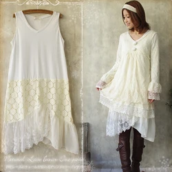 Mori Girl Women Cute Lace Patchwork Floral Embroidery V Neck Dress White Color Cotton Loose Female Feminine Ruffles Dress C236
