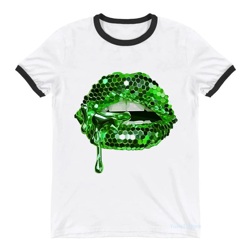 

2022 Glitter Shiny Lips Print Tee Shirt Femme Sexy T Shirt Women'S Clothing Summer Tops Fashion Tshirt Female Harajuku Shirt