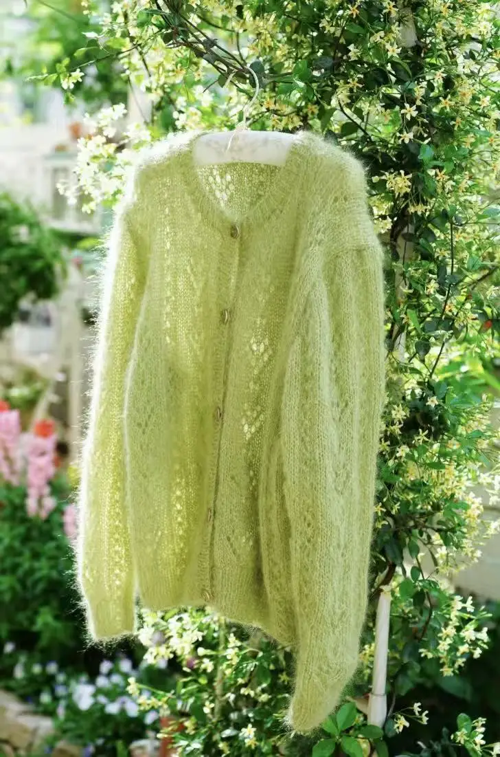 

Hand woven comfortable mohair women's hollowed out embroidered cardigan, diamond shaped handmade sweater with a ladylike design