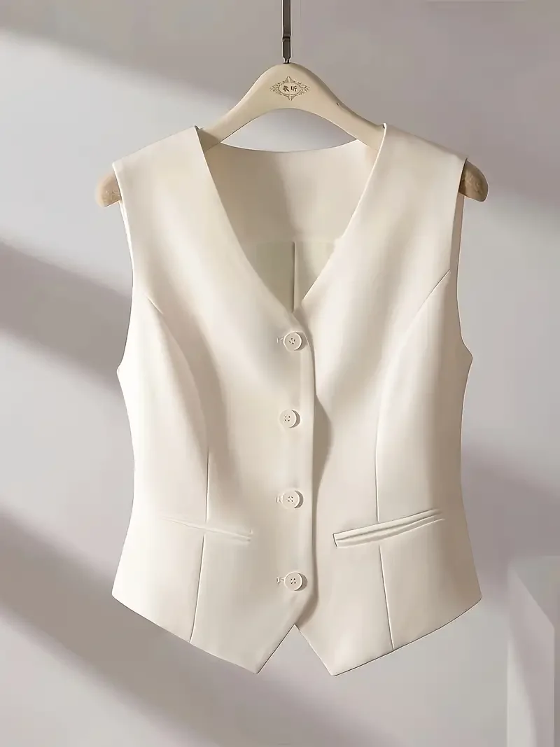 Chaleco de traje de moda elegante para mujer, chaleco informal Simple con cuello en V, un solo pecho, sin mangas, Color sólido, Retro Delgado