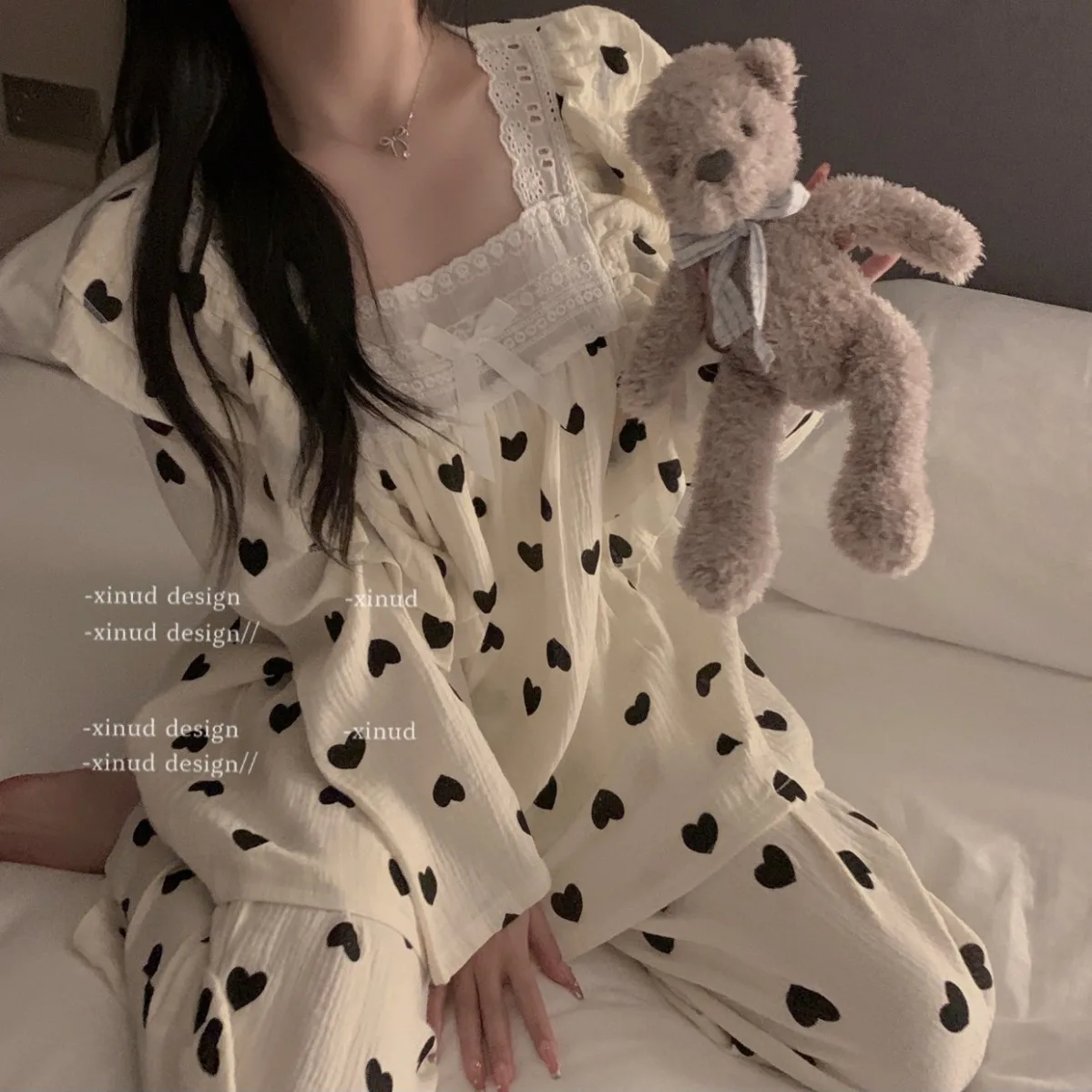 Heart Print Sleepwear Women Pajama Sets Square Collar Pants Sets 2 Pieces Piiama Korean Sleeping Full Sleeve Sping Night Wears