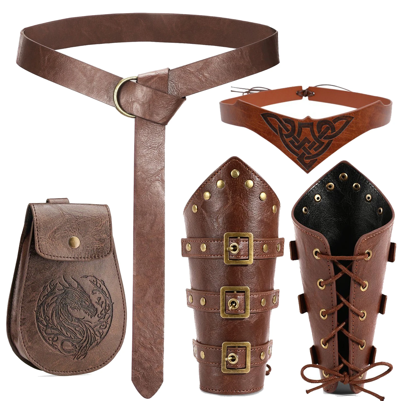 5pcs Renaissance Cosplay Accessories Retro PU Leather Belt Dragon Patterned Fanny Pack Pirate Knights Wrist Guards Celtic Knot Headgear for Halloween & LARP