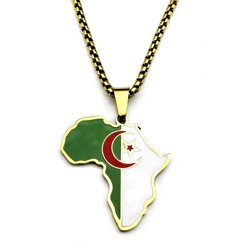 الجزائر الأفريقي خريطة العلم قلادة قلادة للنساء الرجال الفولاذ المقاوم للصدأ الملونة المينا الذهب اللون القمر ستار سلسلة مجوهرات هدية