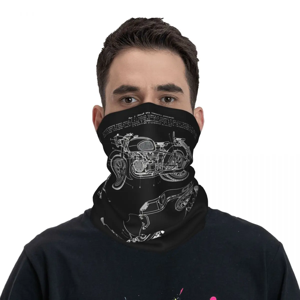 Vintage KMZ Dnepr-12 Motorcycle Diagram (White - Black Background) Ural Bandana Neck Gaiter Printed Motorcycle Club Face Scarf