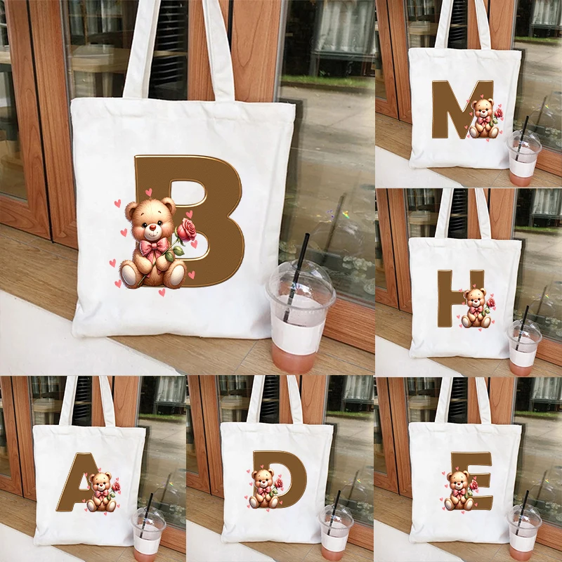 Torebki damskie Bacherlette Party Kawaii Bear Flower 26. Alphabet Tote Bags Shopping Bag Canvas Girls Tote Bags Shoulder Bag