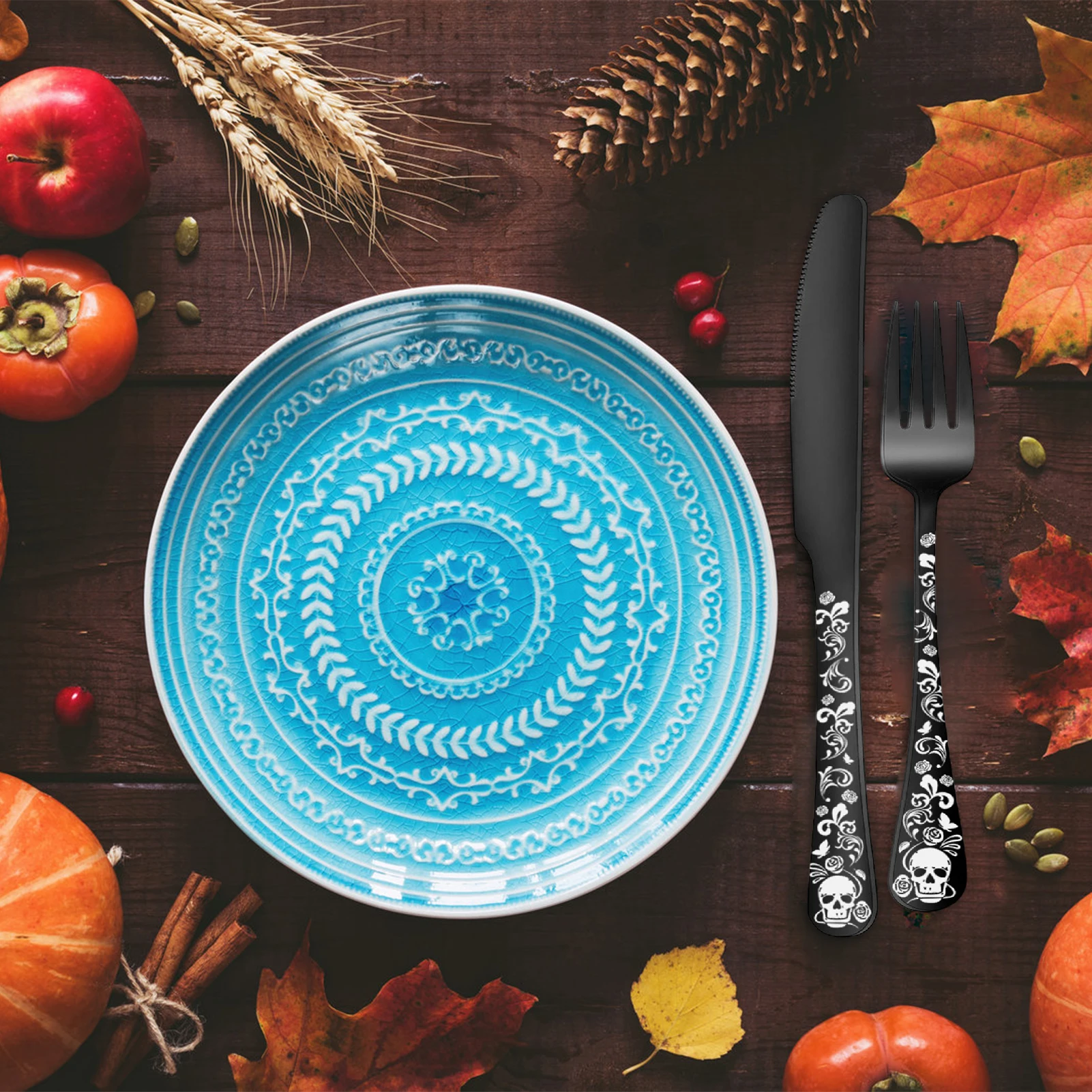5pcs Cutlery Set Tableware Stainless Steel Gothic Spoon Fork Knife Halloween Skull Pattern Dinnerware Western Flatware Set