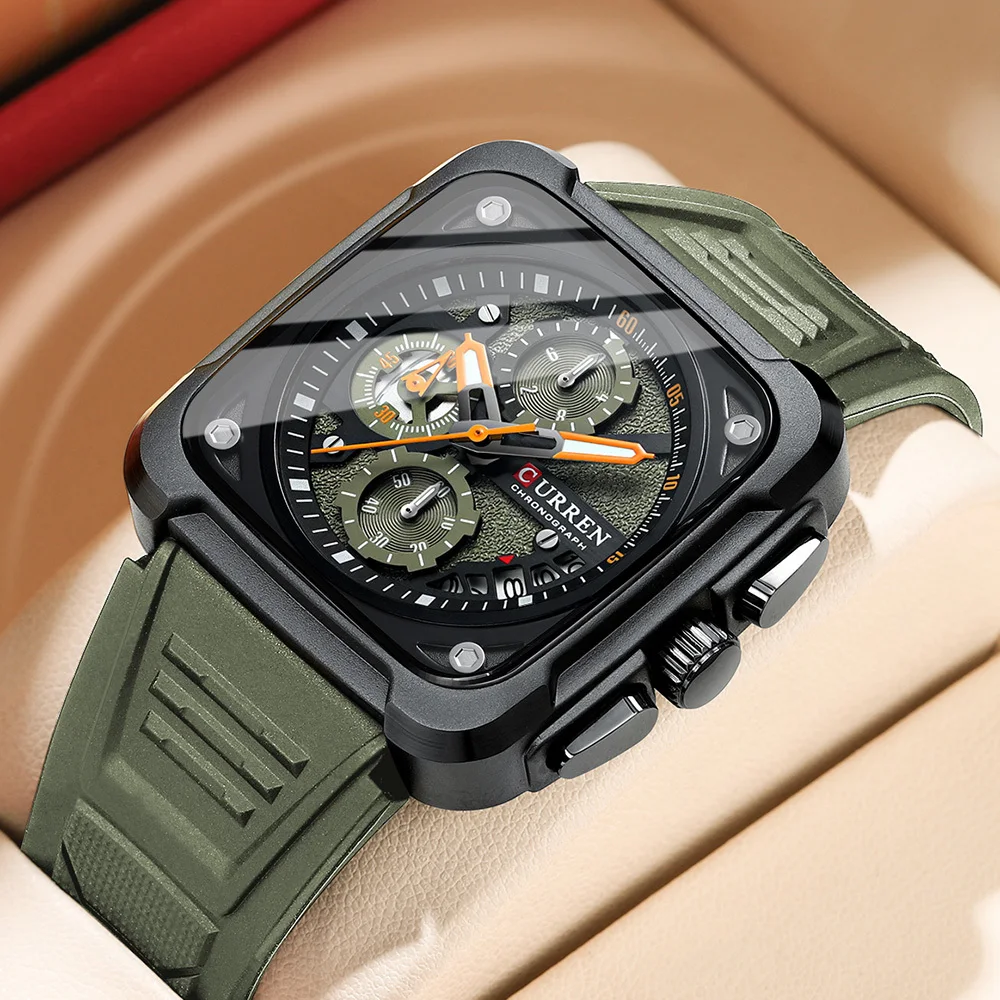 

CURREN Watches for Men 8461 NEW 2024 Army Green Square Dial Waterproof Calendar Sports Silicone Strap Mens Watch Reloj Hombre