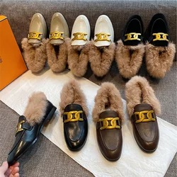 Fluffy Slippers Lazy Shoes Flat Rabbit Fur Moccasins Loafers Women's Fall and Winter Outer Wear 2023 New Muller Shoes Big Size44