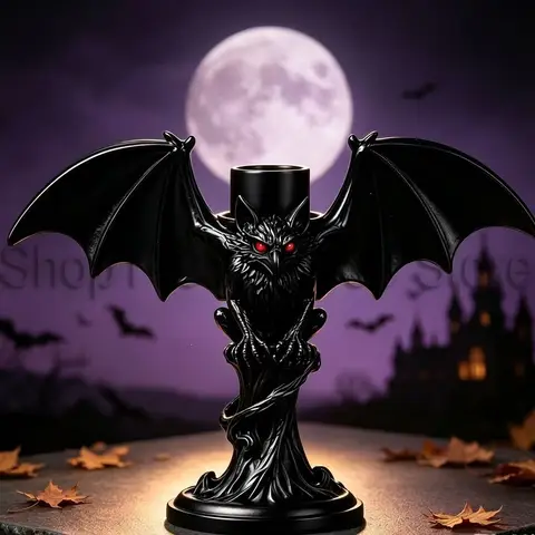 Gothic Demon Bat Owl Candle Holder Black Resin Candlestick Halloween Desktop Decoration For Spooky Party Haunted House Decor
