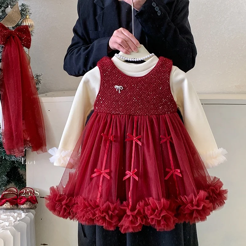 

Princ Sle Fce Lined Me Dr with Bow Tie for Girls Autumn Winter 2025 Collection Two Piece Set Warm Thi Long Sve