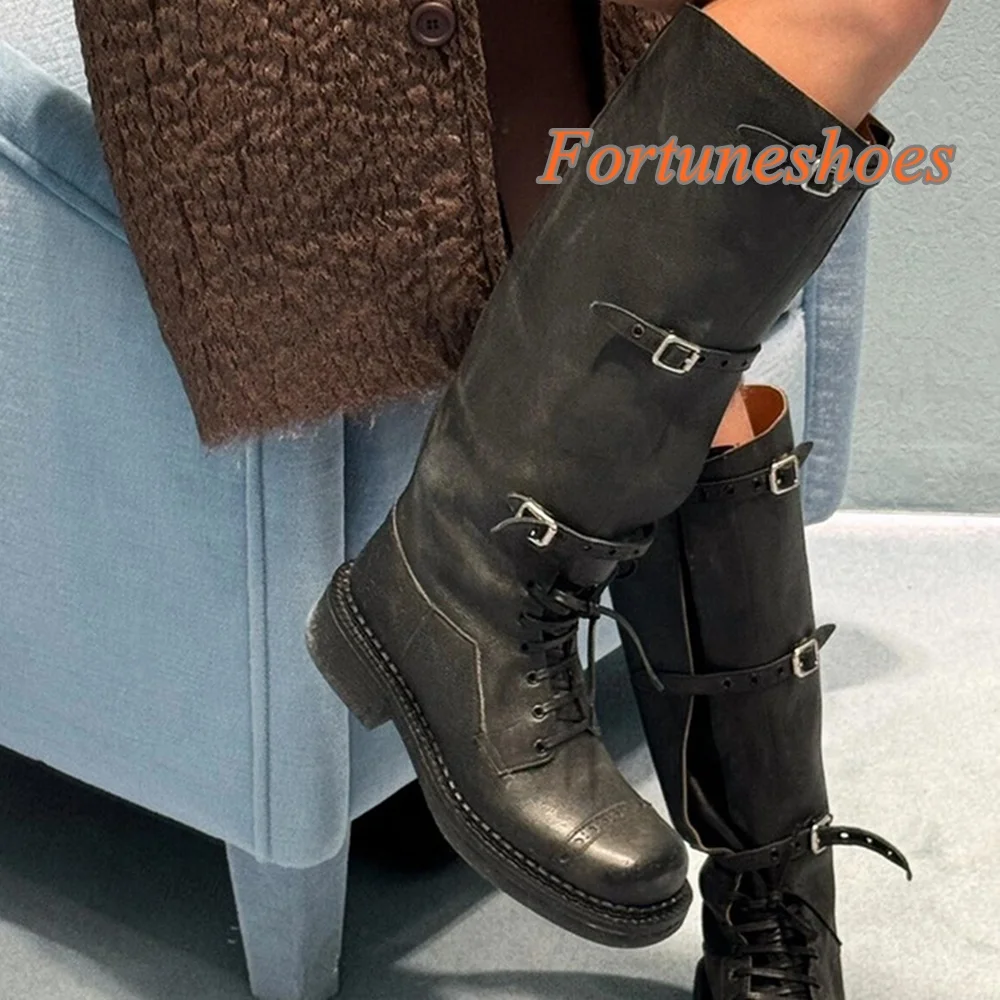 Sewing Belt Buckle Cross Tied Boots Knee High Chunky Heel Round Toe Solid Boots 2025 New Arrivals Fashion Popular Casual Boots