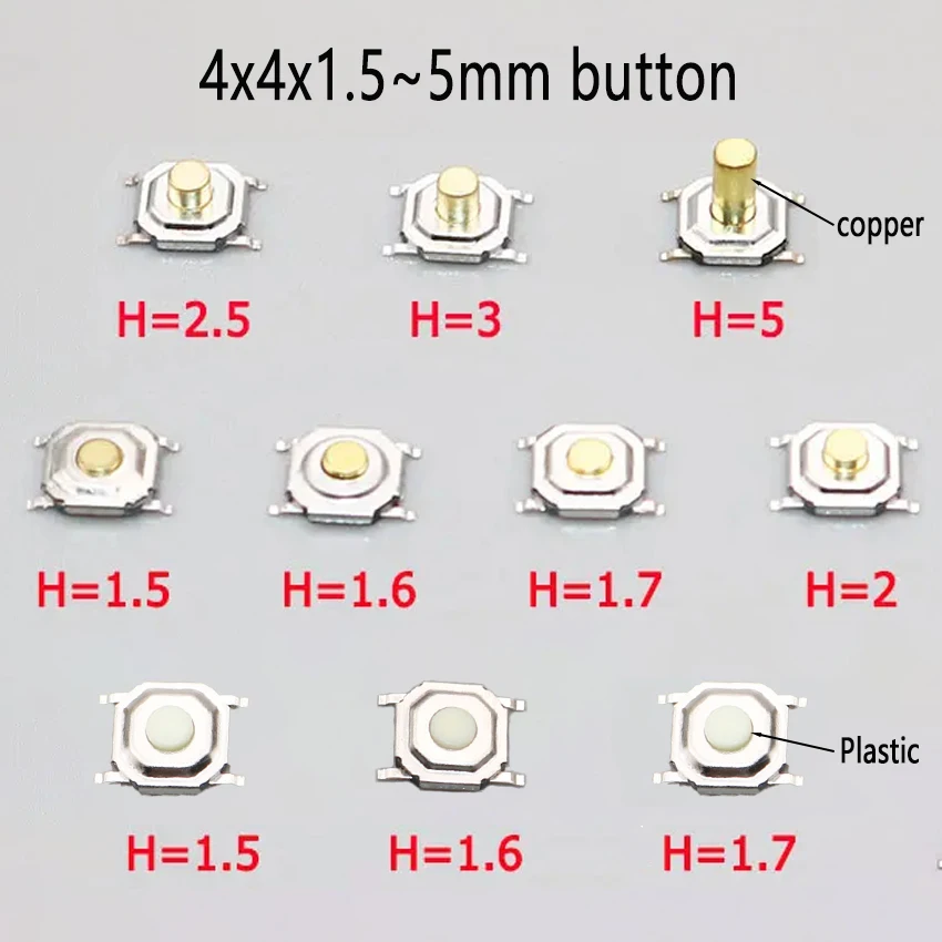 

10pcs 4 * 4 * 1.5mm 4x4x1.5/1.6/1.7/2.5/3/5mmH Plastic Copper Push Button Switches Remote Control LCD Display 4-pin Patch Touch