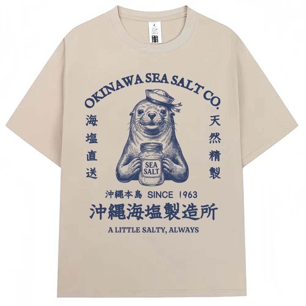 Japanese Style Okinawa Sea Salt Sea Lion Graphic T-shirts Men Women 90s Vintage Fashion Short Sleeve Loose Cotton Casual T Shirt