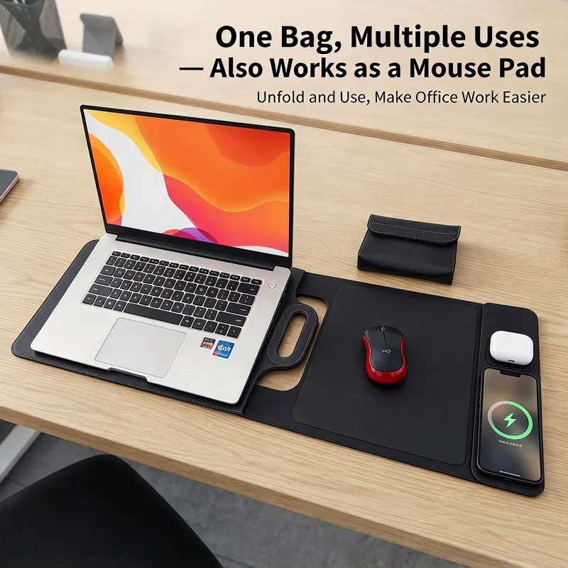 Portable Wireless Charging Laptop Bag Multi-functional Charging Travel Case with 15W Wireless Charger For Phone, Earbuds & Watch