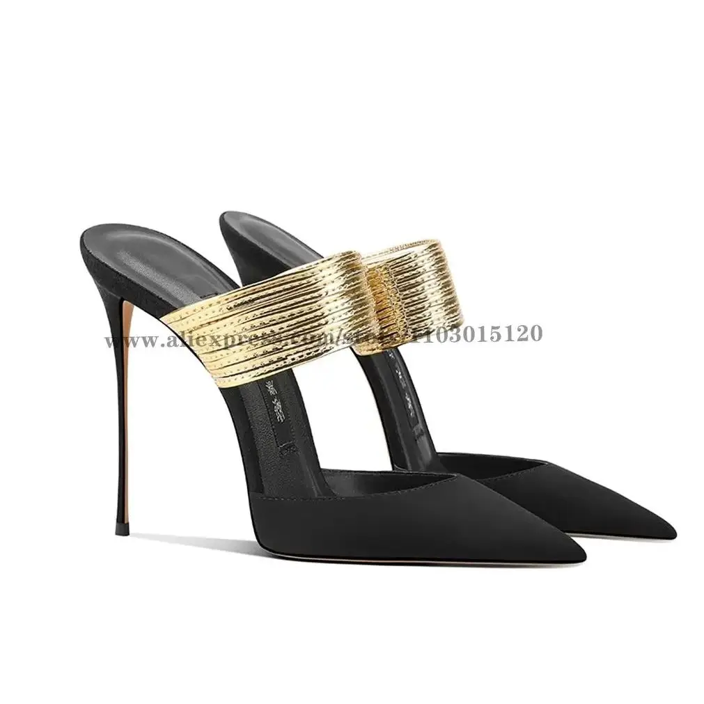 

Sheep Suede Gold Metal Front Strap Stiletto High Heel Sandals Summer New Luxury Party Grace Sandals Pointed Toe Shallow Slippers