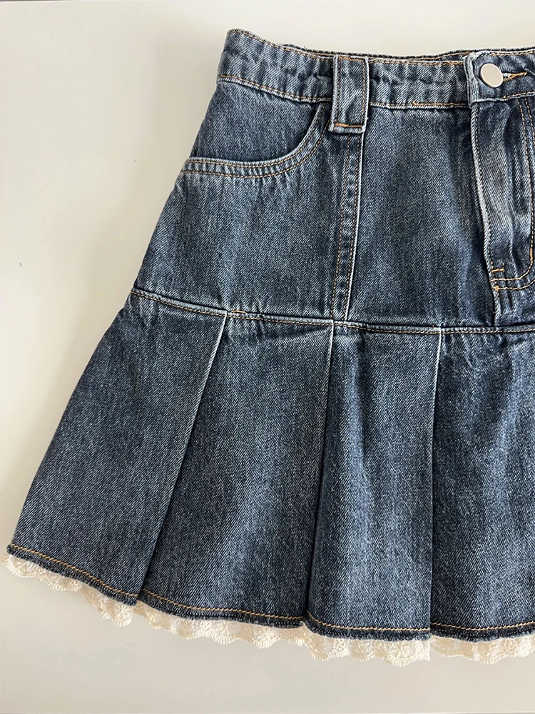 American Retro Kawaii Denim Mini Skirt Women Sexy Gyaru Lace Patchwork High Waist Pleated Jean Skirts Y2k Shorts Summer 2023