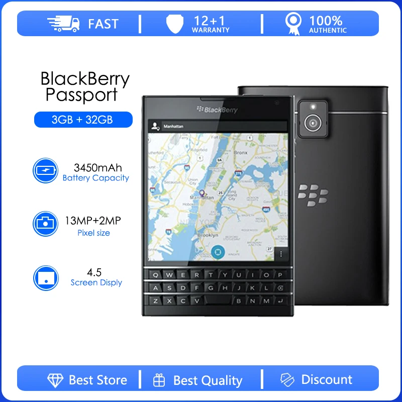 Blackberry Passport Q30-1 Refurbished-Quad Core LTE 3GB RAM 32GB ROM 13.0MP BlackBerry OS Cell Phone Free Shipping