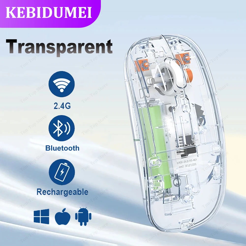 Wireless Mouse Bluetooth 5.2 2.4G Mouse Rechargeable Transparent Silent Mouse 1600DPI For MacBook Tablet Computer Laptop Mice