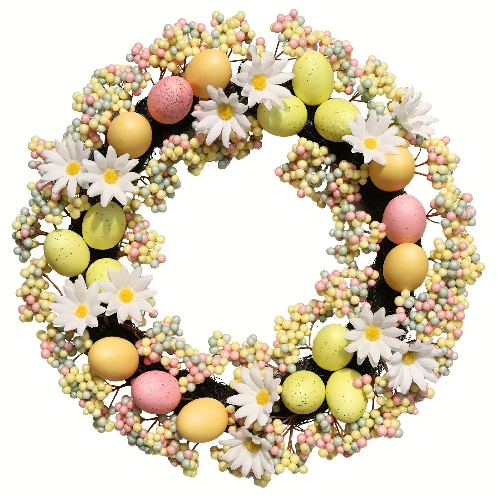 

Пасхальный венок ручной работы: декоративная подвесная корзина с цветами, шелковыми и пластиковыми цветами, акцентами в виде подсолнухов