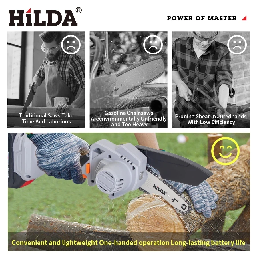 HILDA 21V Cordless Chain Saw 4 Inch Portable Mini Saw Lithium Electric Logging Saw Power Tools Garden Tools