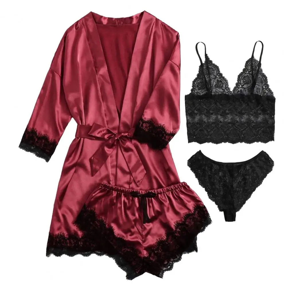 

4Pcs/Set Nightgown Women Pajama Dress Suit Lace Strap Bra Vest G-String Thong Shorts Pants Satin Belted Loose Sleepwear Pajama