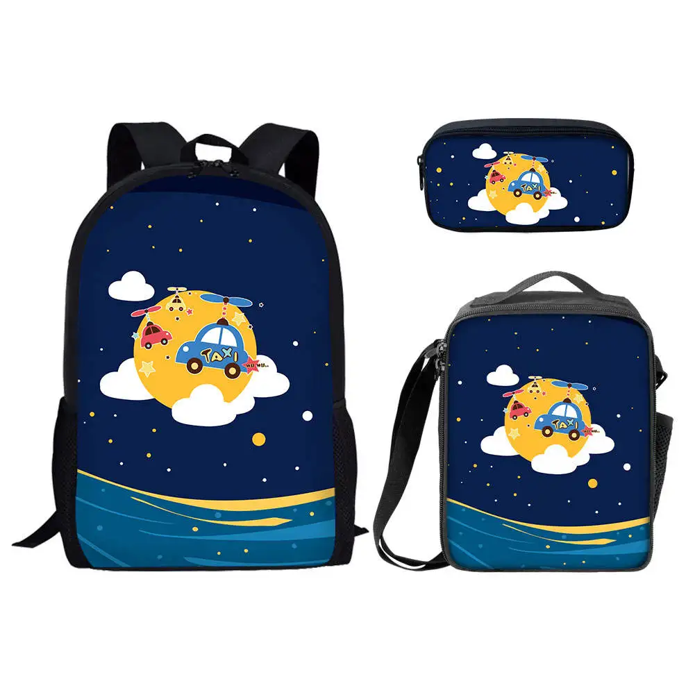 Mochila con patrón de coches de dibujos animados para niños, conjuntos de mochilas escolares para niños, mochila informal de 3 piezas para estudiantes de primaria, regalos para la escuela, bolsa para libros