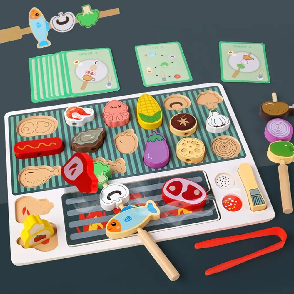 Multicolorido montessori brinquedos de madeira churrasco simulação churrasco brinquedos dos desenhos animados frutas jogando casa brinquedos educativos para crianças