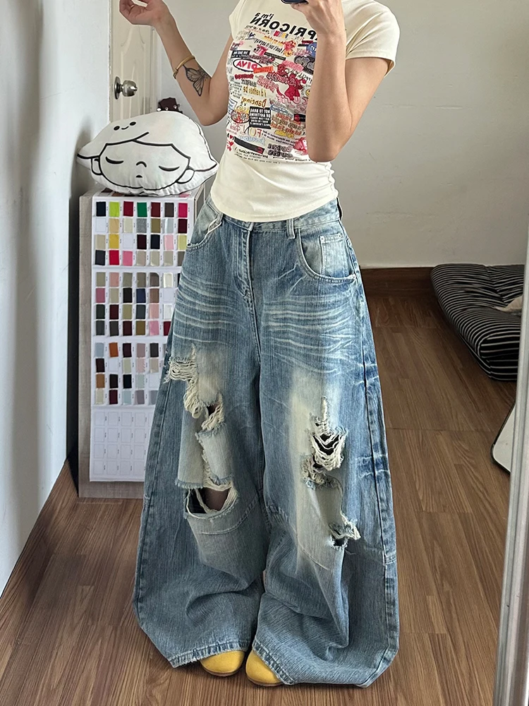 American High Street Style Distressed Denim Jeans Women's Spicy Loose Bf Lazy Style Floor-Length Pants Trendy