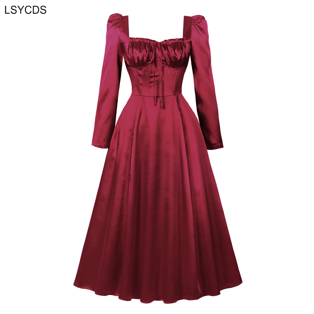 LSYCDS Sweetheart Neck Solid Elegant Christmas Banquet Long Dresses for Women Spring Autumn Lace-Up Back Evening Vintage Dress