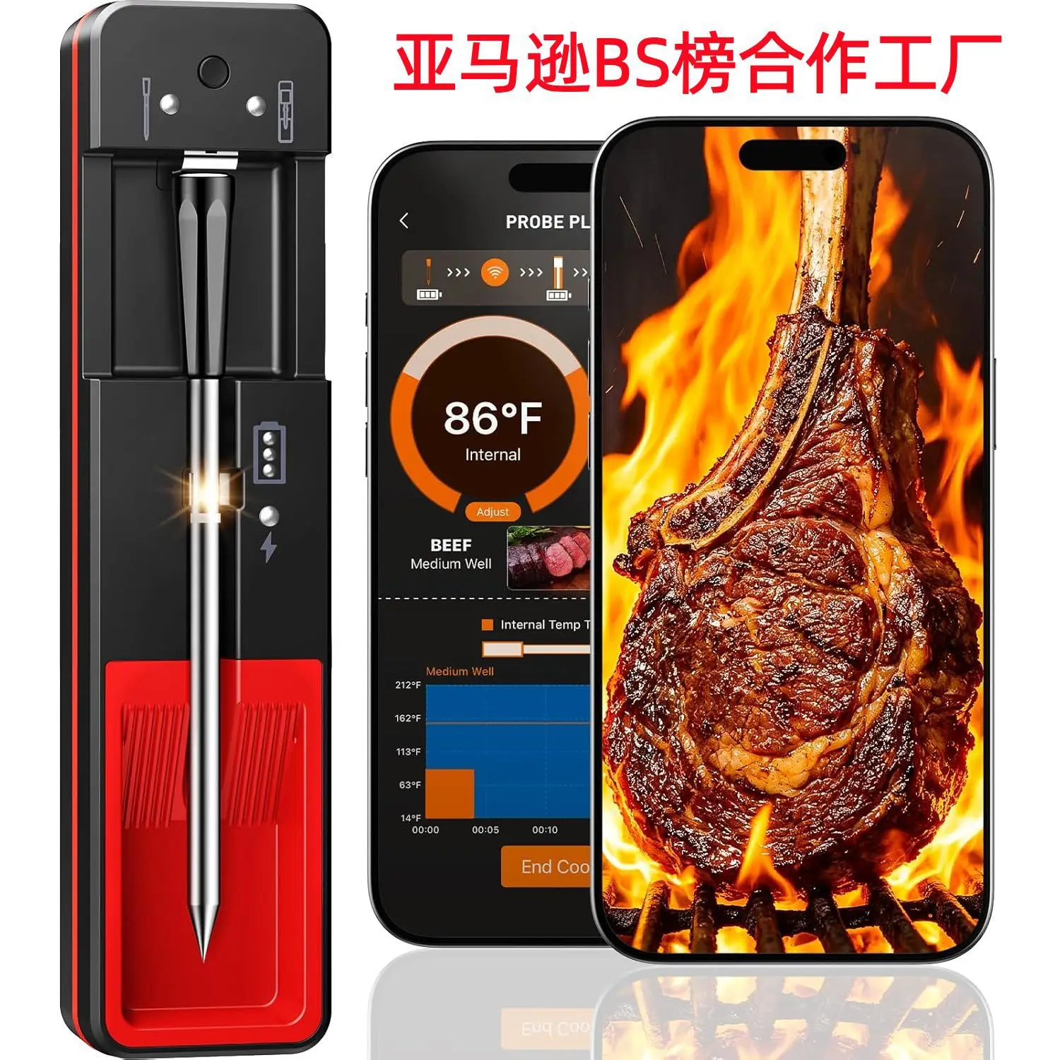 Smart Wireless Bluetooth Meat Thermometer, Mobile APP Remote Monitoring Temperature Alarm, Digital BBQ Grill Smoker Oven Food