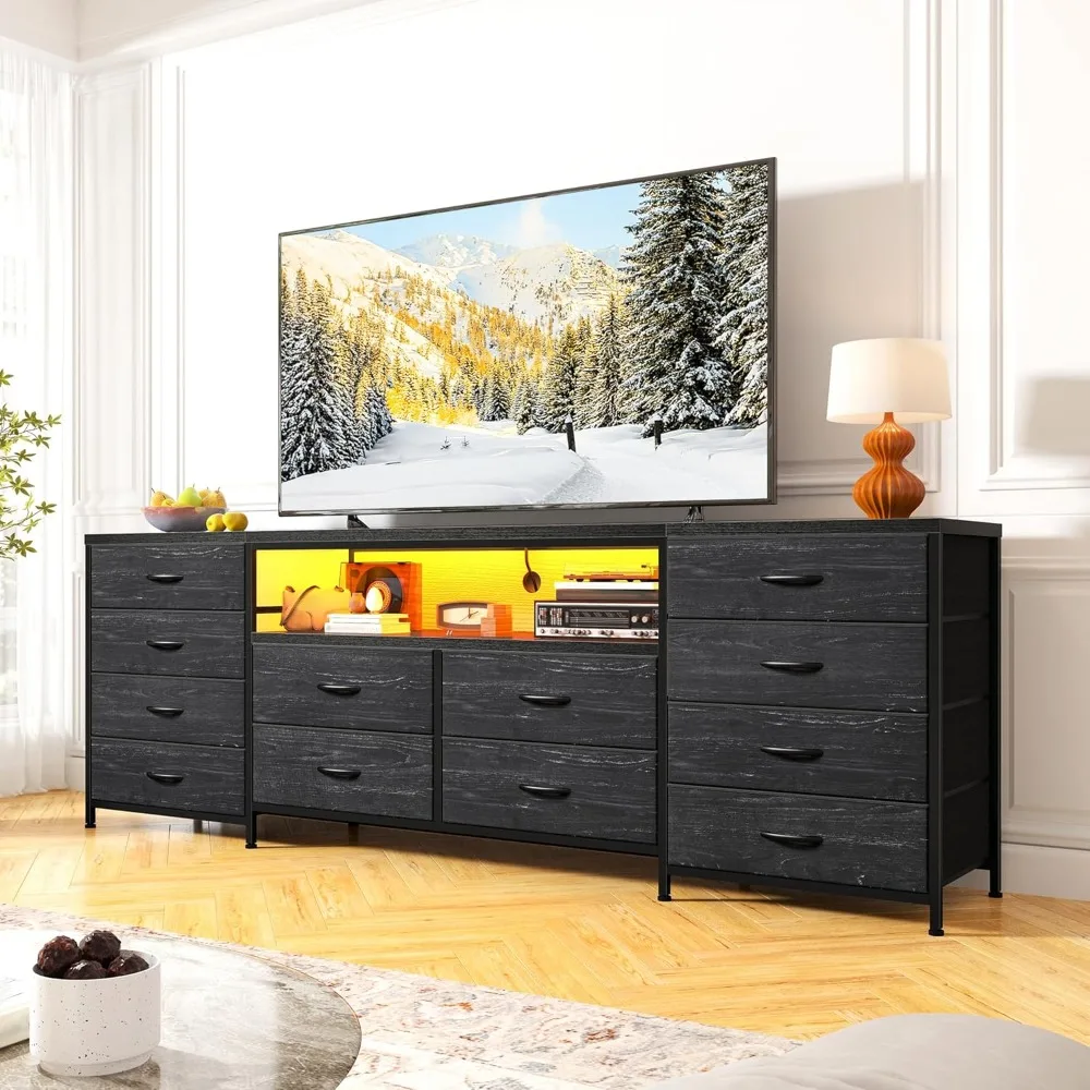 

12 Drawer Dresser TV Stand for 65 70 75 Inch TV 63" W Extra Long Black Dresser for Bedroom with LED Lights