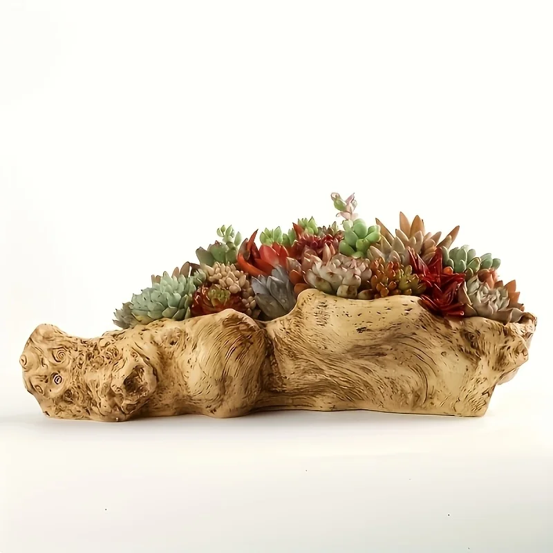 Pastoral Retro Landscape Resin Flower Pot Resin Tree Stump Planter Artificial Driftwood Sculpture Rustic Succulent Display Pot