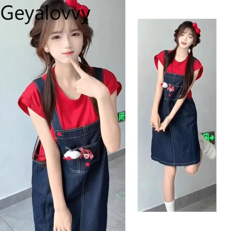 

Two-piece Set Cute Cartoon Age-reducing Denim Strap Skirt Summer Mid-length Suspender A-shaped Skirt and Short-sleeved T-shirt