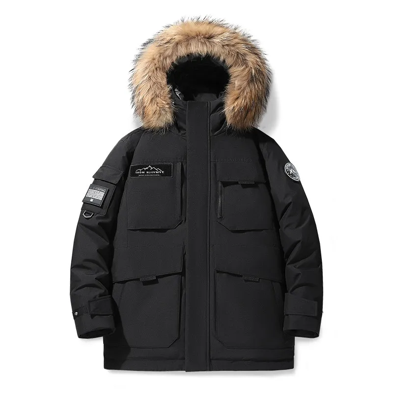Men's Winter Parker Down Coat Warm 90% White Duck Down Thickened Medium Length Coat with Big Hair Collar Coat