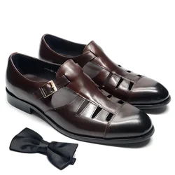 Classic Genuine Leather Mens Summer Dress Sandals Single Buckle Strap Black Brown Closed Toe Classy Casual Formal Shoes for Men