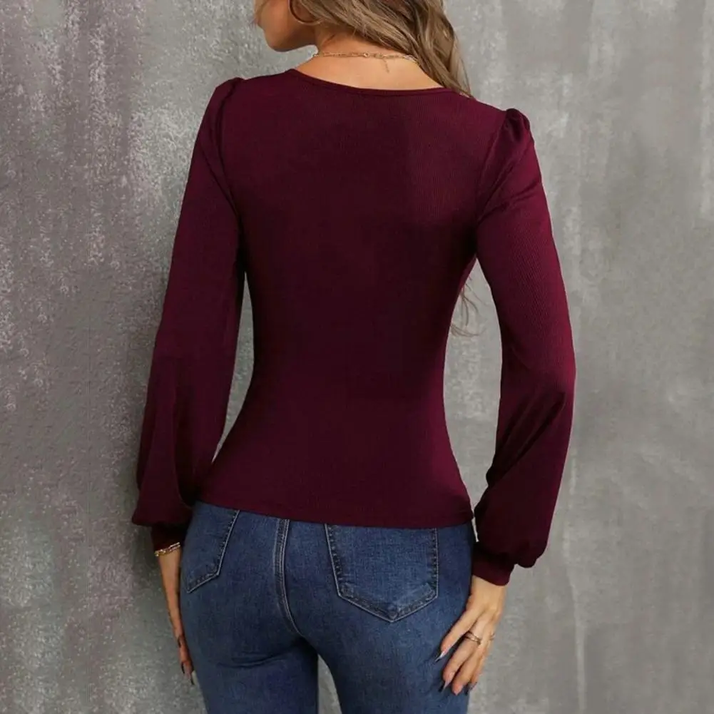 Damen Spring Top stilvolle Damen Laterne Ärmel Bluse Slim Fit hohe Elastizität Streetwear Mode für Frühling Herbst Rundhals ausschnitt