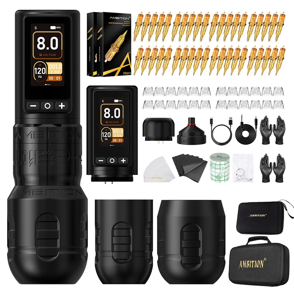 Ambitie Soldier270 Kit Draadloze Tattoo Machine Slagpen 4.0 + 4.5mm Professionele Borstelloze Motor 2400mAh Batterij Grip 34 + 42mm