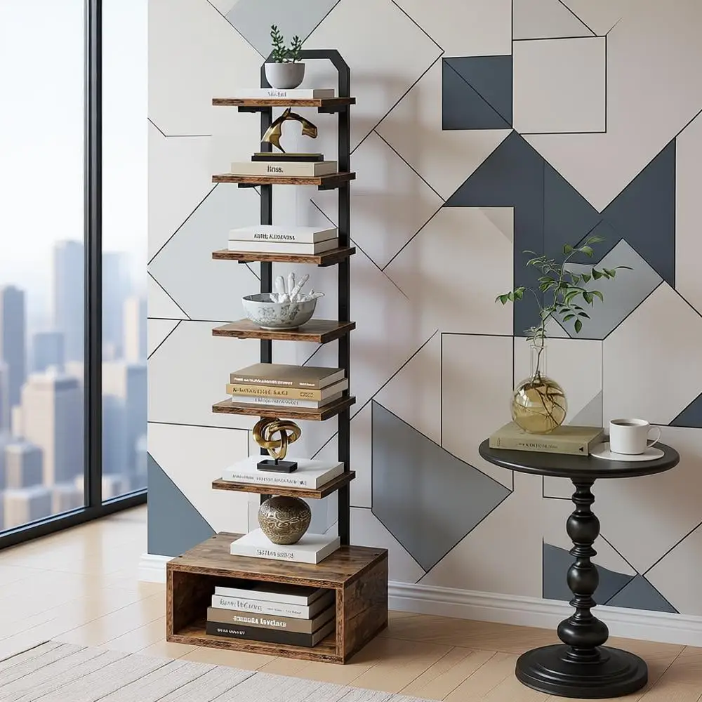 

8-Tier LED Lighted Bookcase, Semi-Open Bottom, Corner Storage Stand for Small Spaces, Living Room, Home Office, Bedroom, Rustic