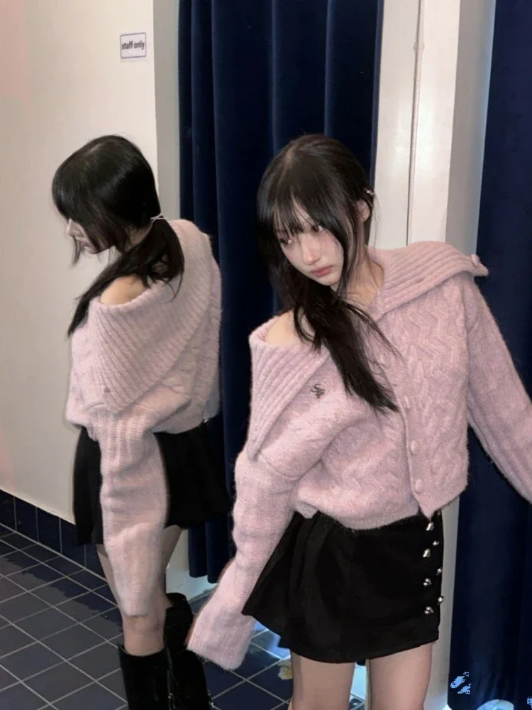 Deeptown Harajuku Pink Cardigan Women Vintage Knitted Cropped Sweater Korean Loose All-match Knitwear Tops Y2K Aesthetic 2000s