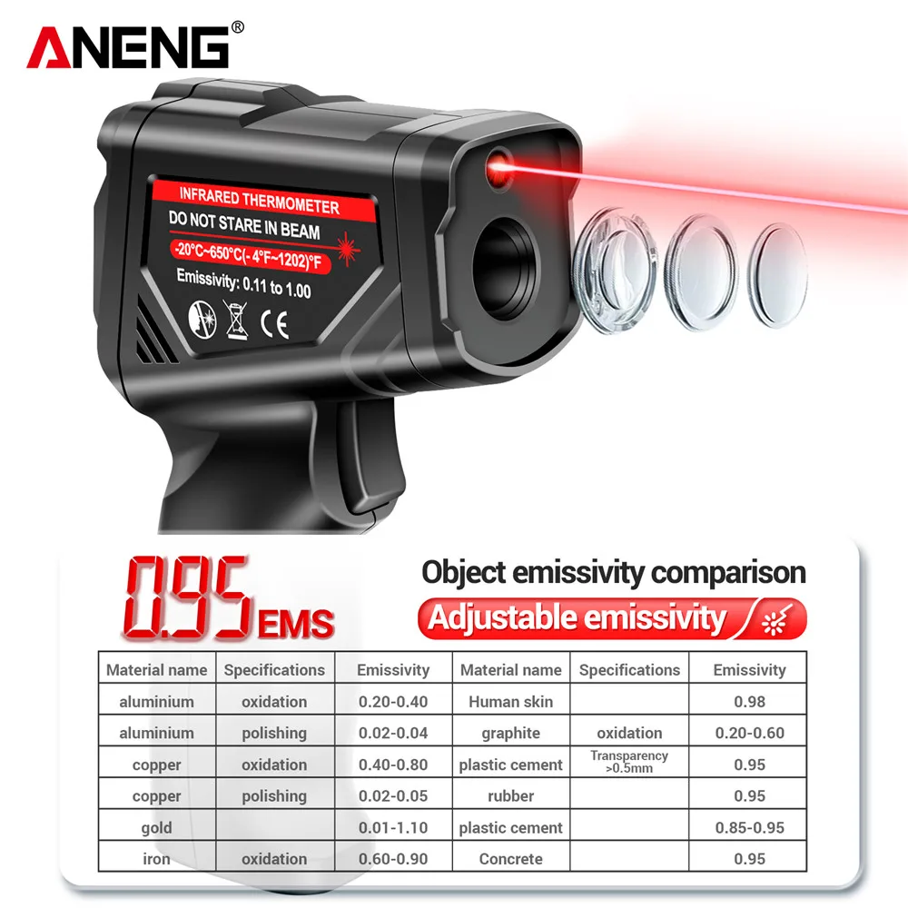 Termômetro infravermelho ANENG TH05 -20 ~ 600 ℃   Pirômetro sem contato, higrômetro de temperatura sem contato, pirômetro, higrômetro, laser IR