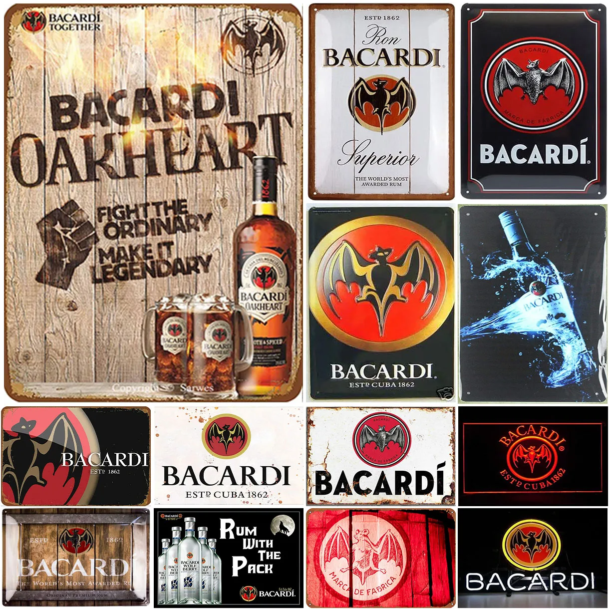 Metal Tin Signs Bacardi Rum Wall Decoration Plaque Vintage Art Poster Iron Painting for Man Cave Home Cafe Game Room Club Bar