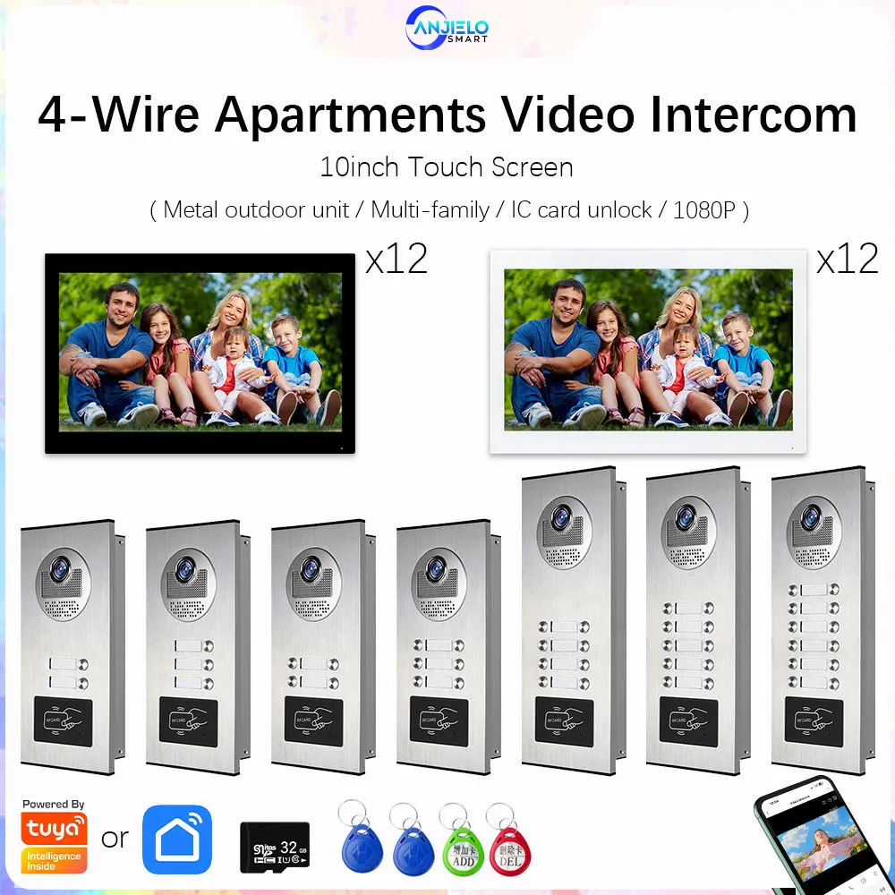 ANJIELO 10 بوصة 1080P Tuya هاتف باب ذكي عبر الفيديو لنظام الاتصال الداخلي عبر الفيديو جرس الباب المعدني متعدد الشق