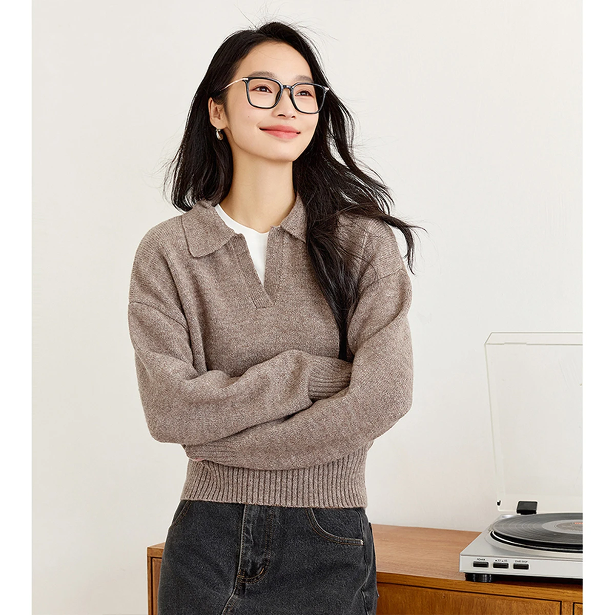 

VIMLY, женский свитер цвета хаки, повседневная зима 202, вязаные пуловеры с отложным воротником, эластичные джемперы в рубчик, женская одежда 73666