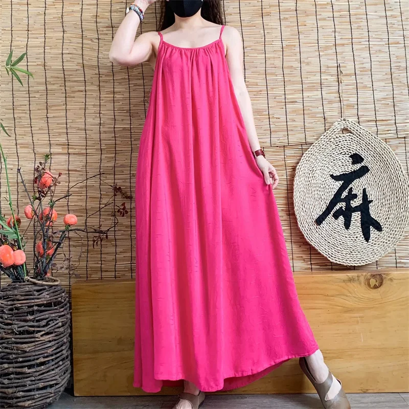 

2024 Summer New Cotton Hemp Sling Dress Women's Fashion Elegance Slim Sleeveless Vacation Tourism Beach Long Dresses Female