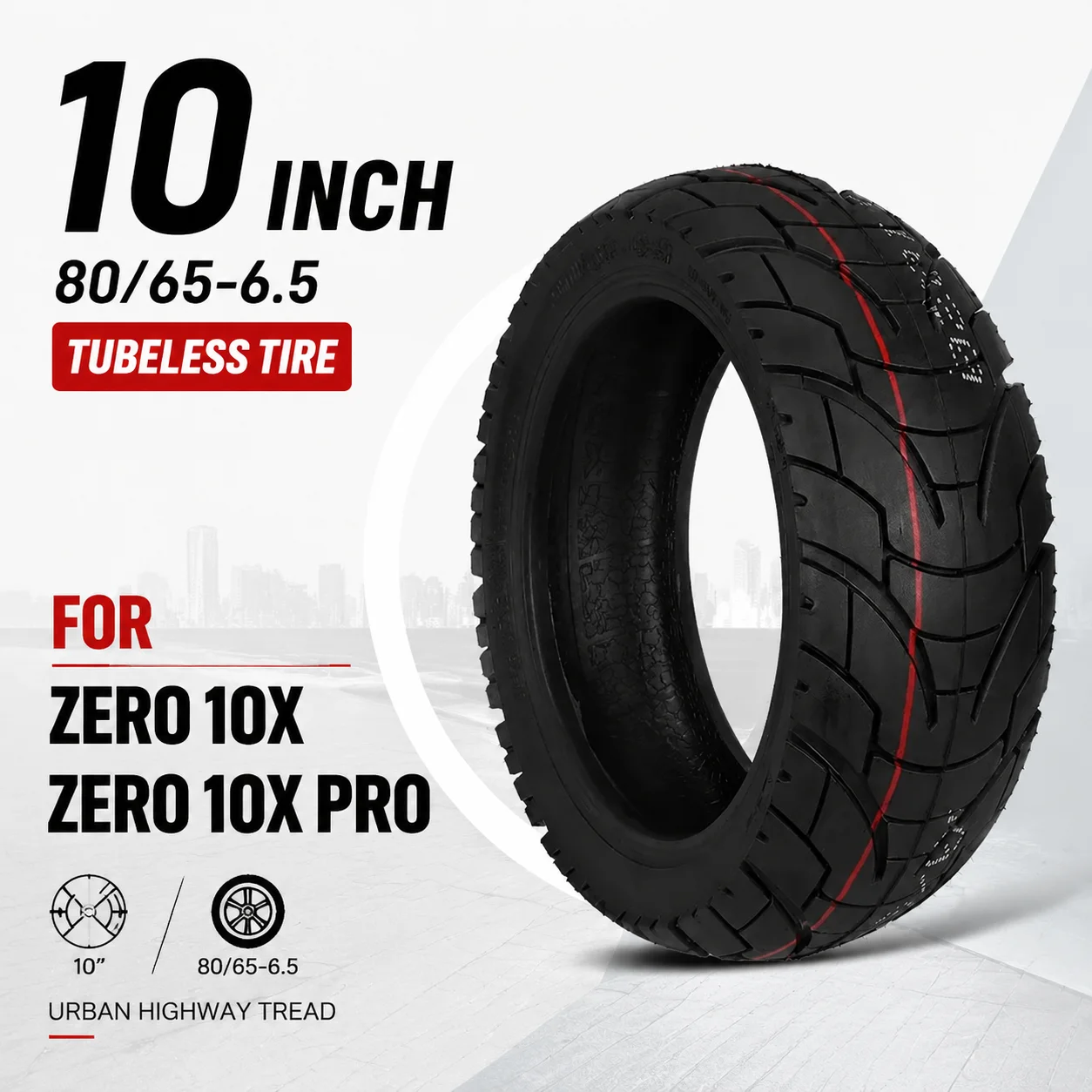 10 Zoll 80/65-6.5 Schlauchloser Reifen Urban Highway Profil 2-lagig Hochleistung für Zero 10X Zero 10X Pro Elektroroller – Detail 1
