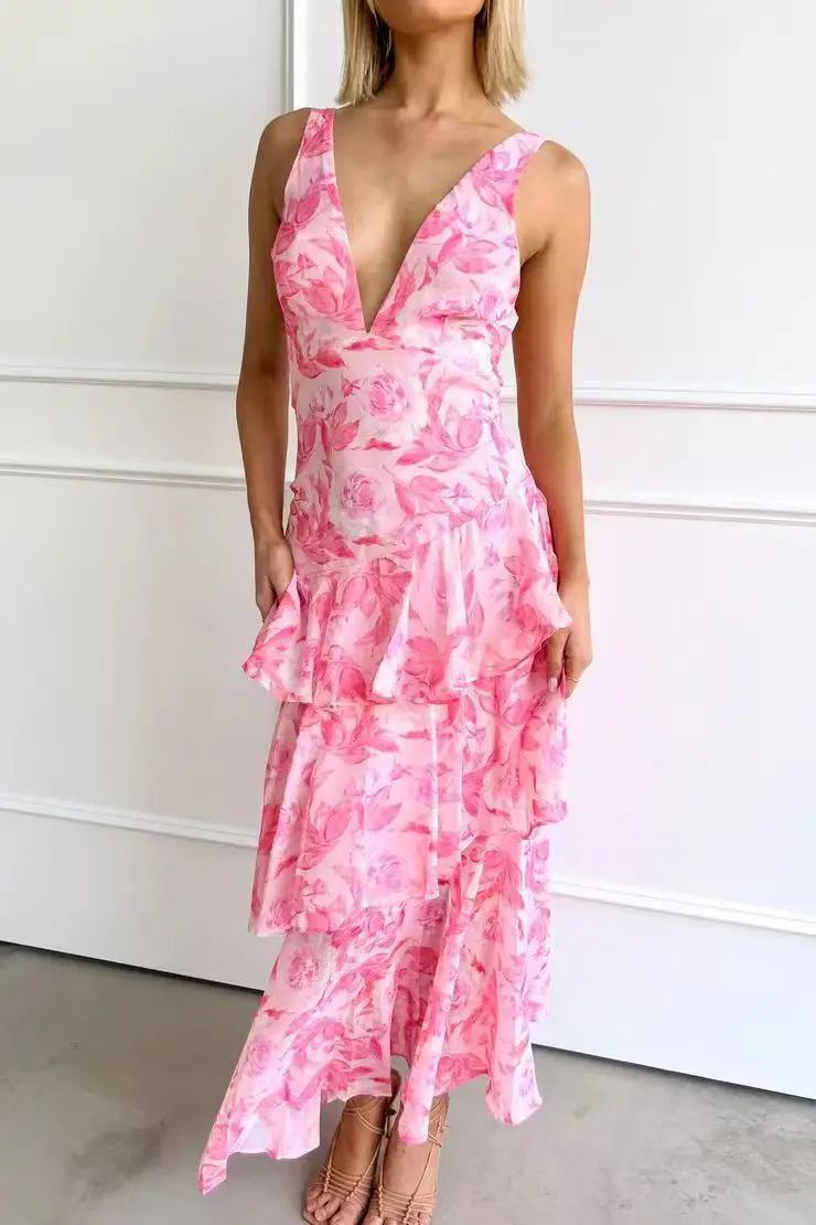 Elegant Chiffon Ruffled Maxi Dress Sexy Deep V Neck Women Floral Print Boho Beach Vacation Casual Party Dresses New Vestidos
