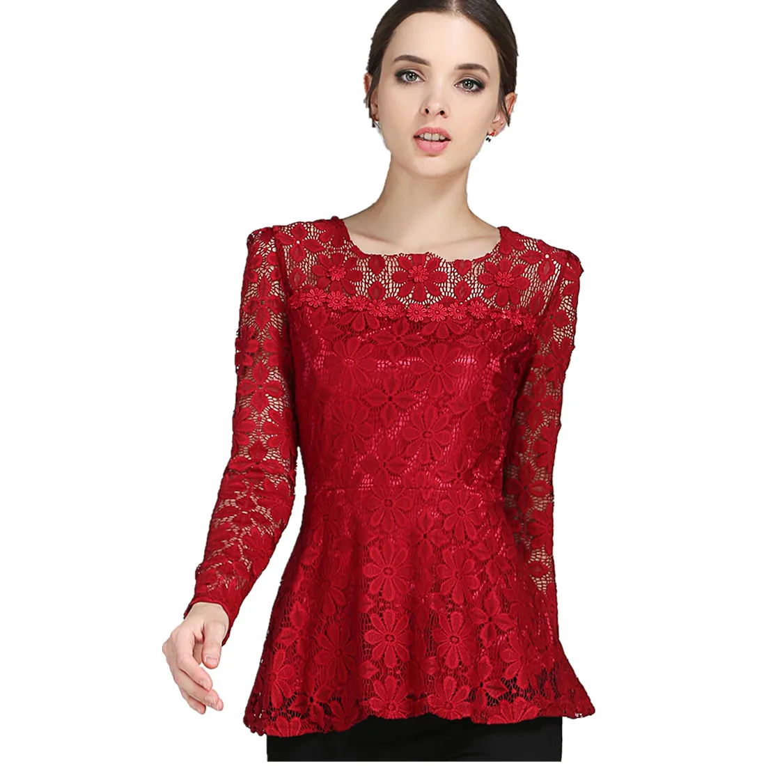 womens tops and blouses Ruffles Lace blouse Shirts Long-sleeved Blouses Tops Hollow Lace Shirts blusa feminina plus size S-5XL