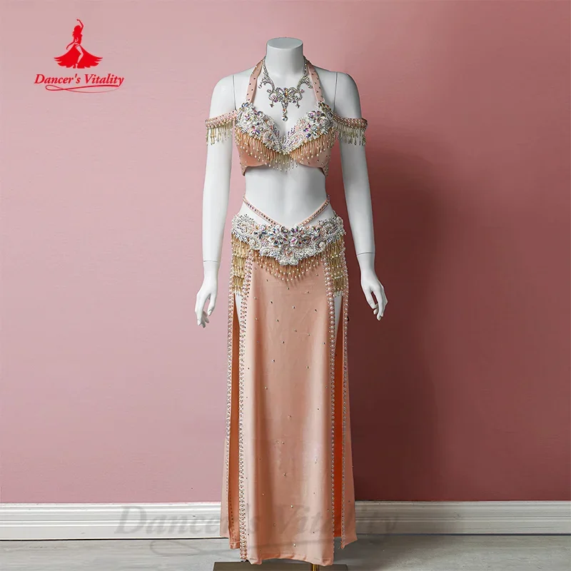 

Bellydance Suit Women Customized Exquisite Pearls Bra +Luxury Rhinestones Long Skirt 2pcs Oriental Dance Performance Clothing