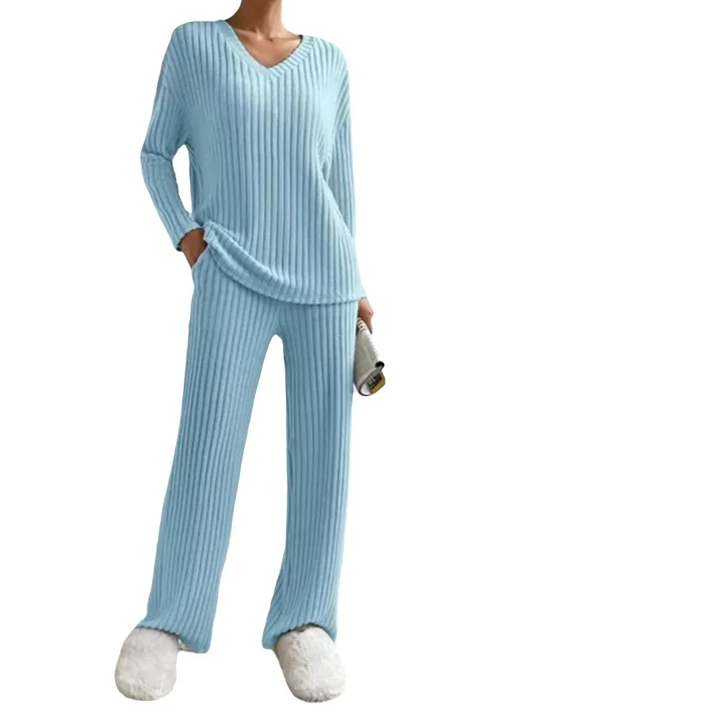 

2025 Spring and Autumn Cross border Two piece Women's New Fashionable and Casual Straight Leg Pants with Loose V-neck Pit Strip